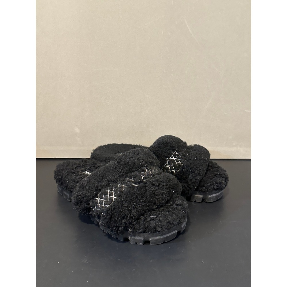 UGG Fuzzita Black Sheepskin Platform‎ Slides Metallic Webbing Slippers
